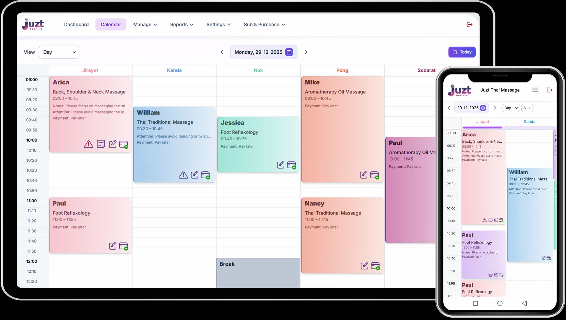 juztbooking Calendar - Tablet and Mobile